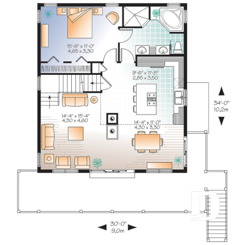 Rez-de-chaussée - Plan de chalet 3 à 5 chambres, rez-de-jardin, foyer double, mezzanine, grande buanderie, grande terrasse - Catalina 2