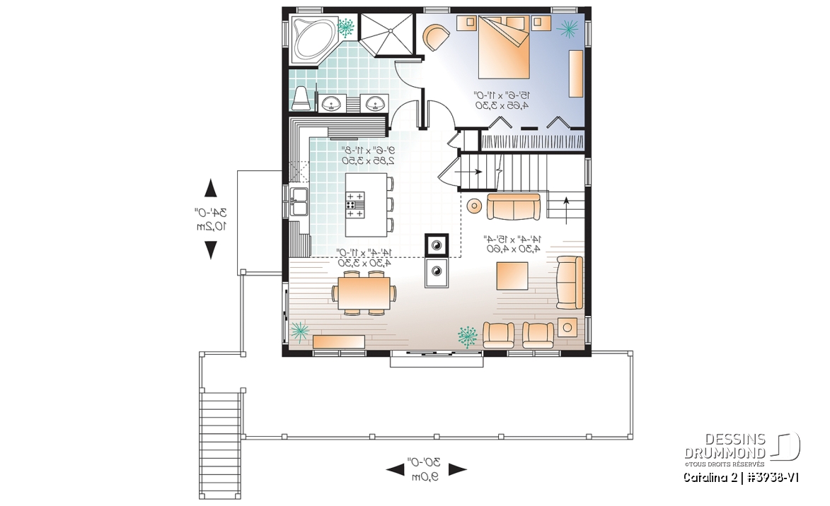 Rez-de-chaussée - Plan de chalet 3 à 5 chambres, rez-de-jardin, foyer double, mezzanine, grande buanderie, grande terrasse - Catalina 2