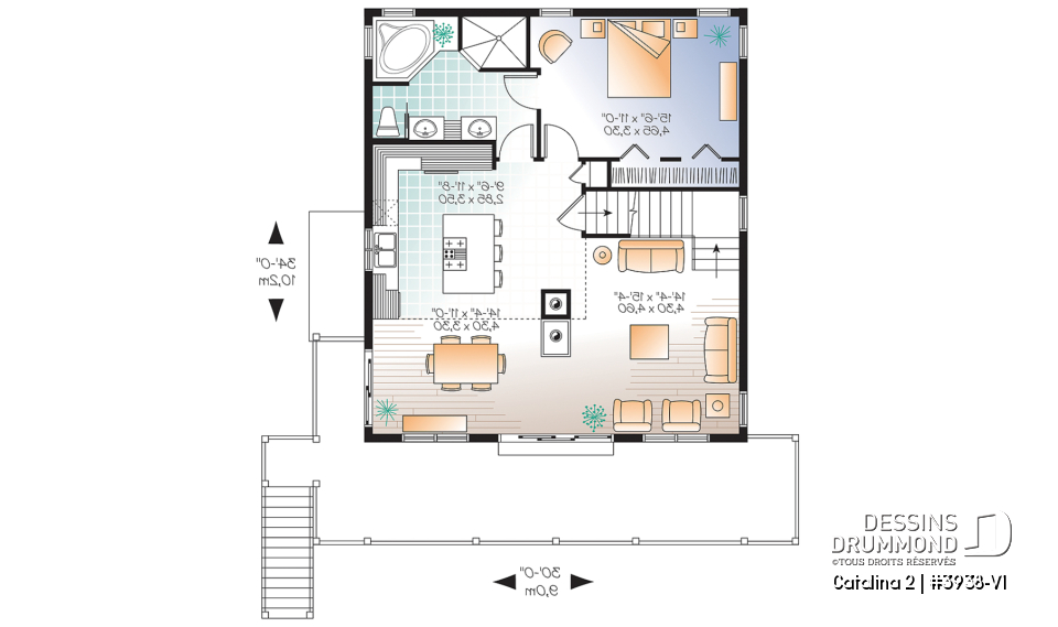 Rez-de-chaussée - Plan de chalet 3 à 5 chambres, rez-de-jardin, foyer double, mezzanine, grande buanderie, grande terrasse - Catalina 2