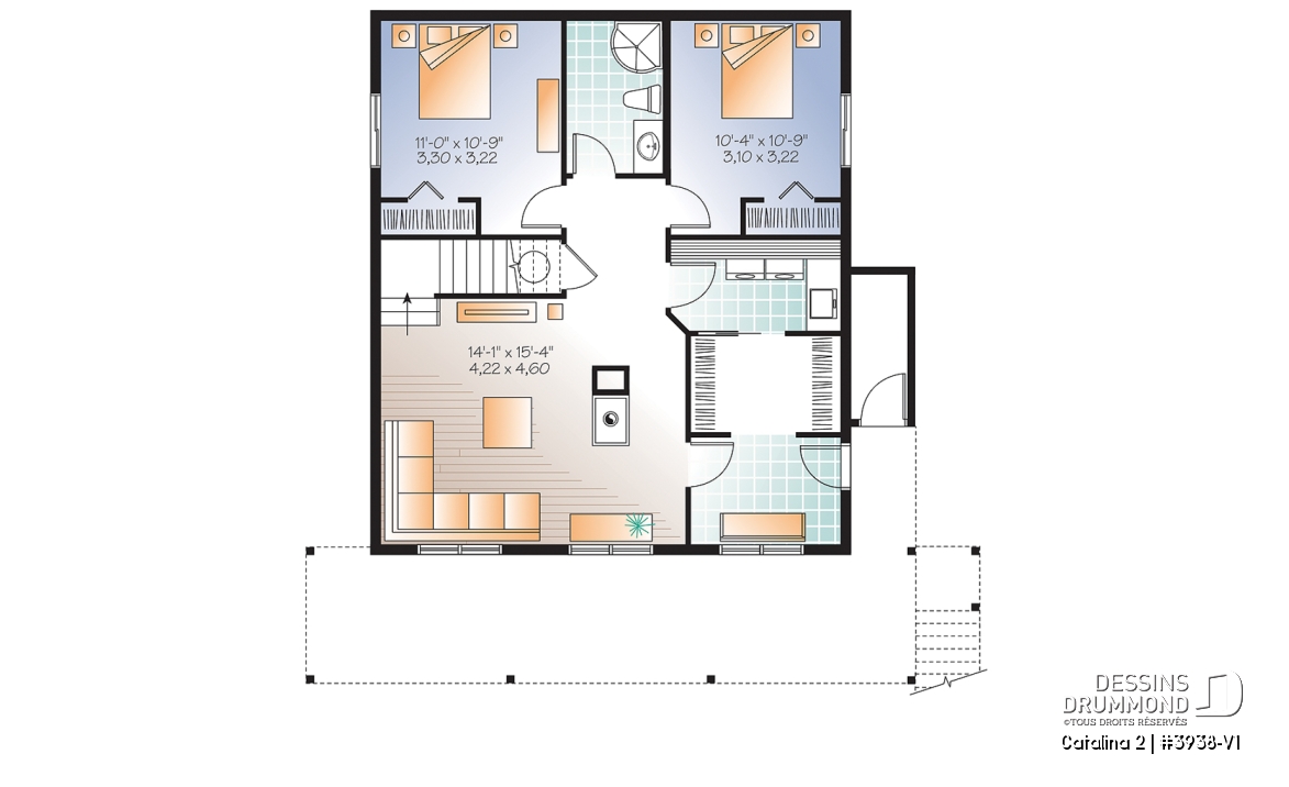 Sous-sol - Plan de chalet 3 à 5 chambres, rez-de-jardin, foyer double, mezzanine, grande buanderie, grande terrasse - Catalina 2