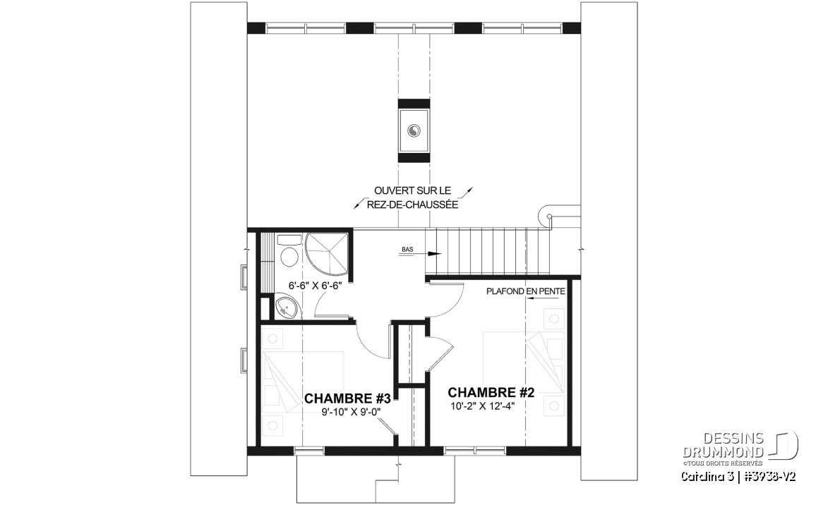Étage - Plan de chalet rustique, vue panoramique, 3 chambres, 2 salles de bain, plafond cathédrale, foyer, mezzanine - Catalina 3
