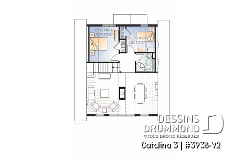 Étage - Plan de chalet rustique, vue panoramique, 3 chambres, 2 salles de bain, plafond cathédrale, foyer, mezzanine - Catalina 3