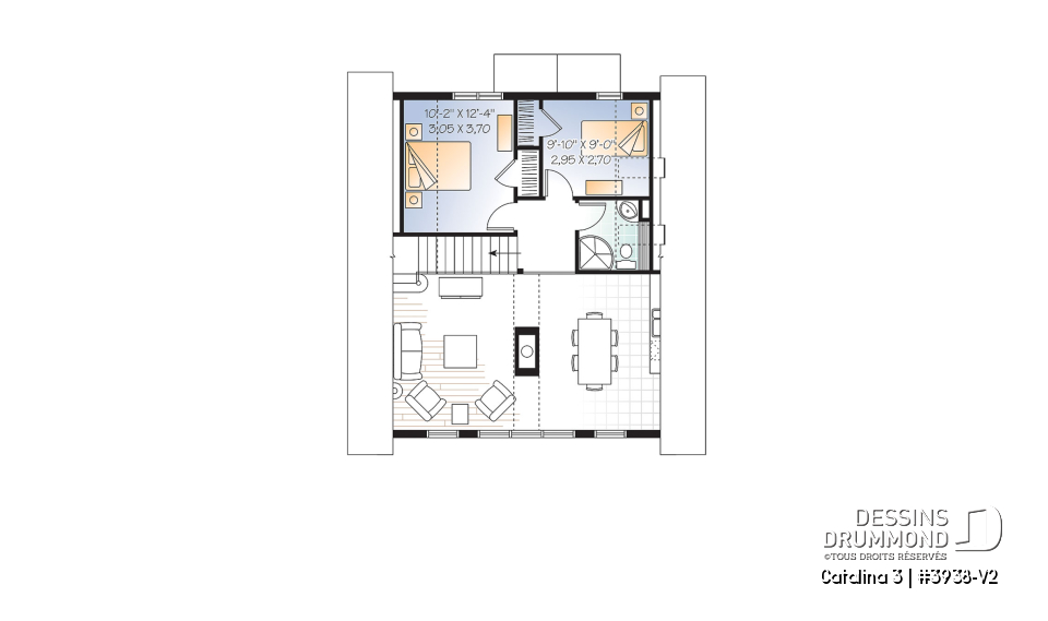 Étage - Plan de chalet rustique, vue panoramique, 3 chambres, 2 salles de bain, plafond cathédrale, foyer, mezzanine - Catalina 3