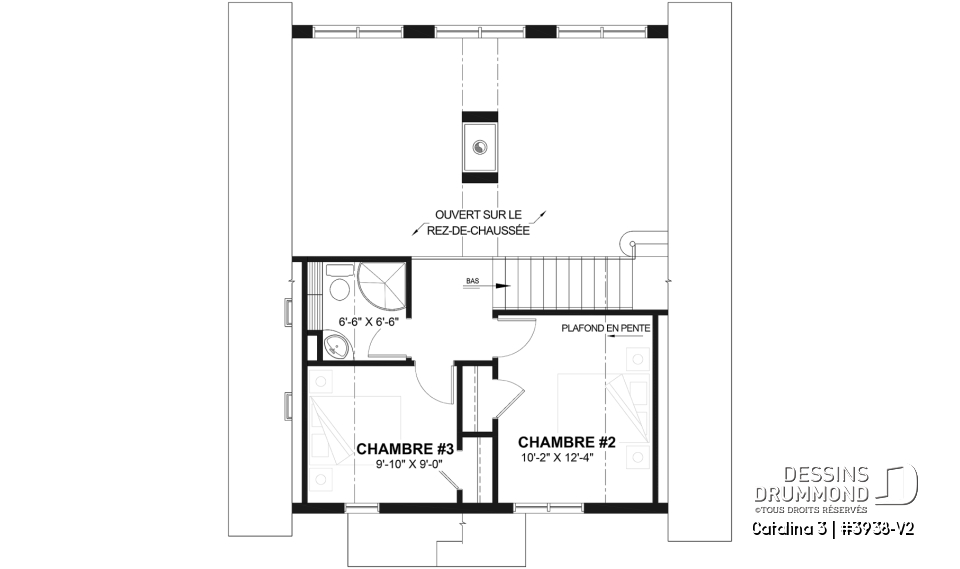 Étage - Plan de chalet rustique, vue panoramique, 3 chambres, 2 salles de bain, plafond cathédrale, foyer, mezzanine - Catalina 3