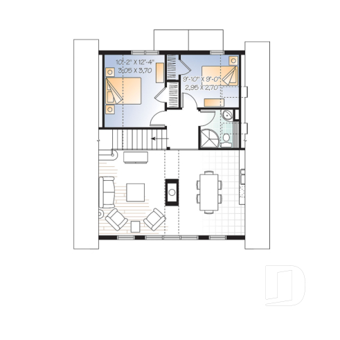 Étage - Plan de chalet rustique, vue panoramique, 3 chambres, 2 salles de bain, plafond cathédrale, foyer, mezzanine - Catalina 3