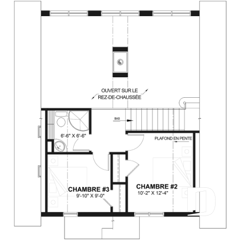 Étage - Plan de chalet rustique, vue panoramique, 3 chambres, 2 salles de bain, plafond cathédrale, foyer, mezzanine - Catalina 3