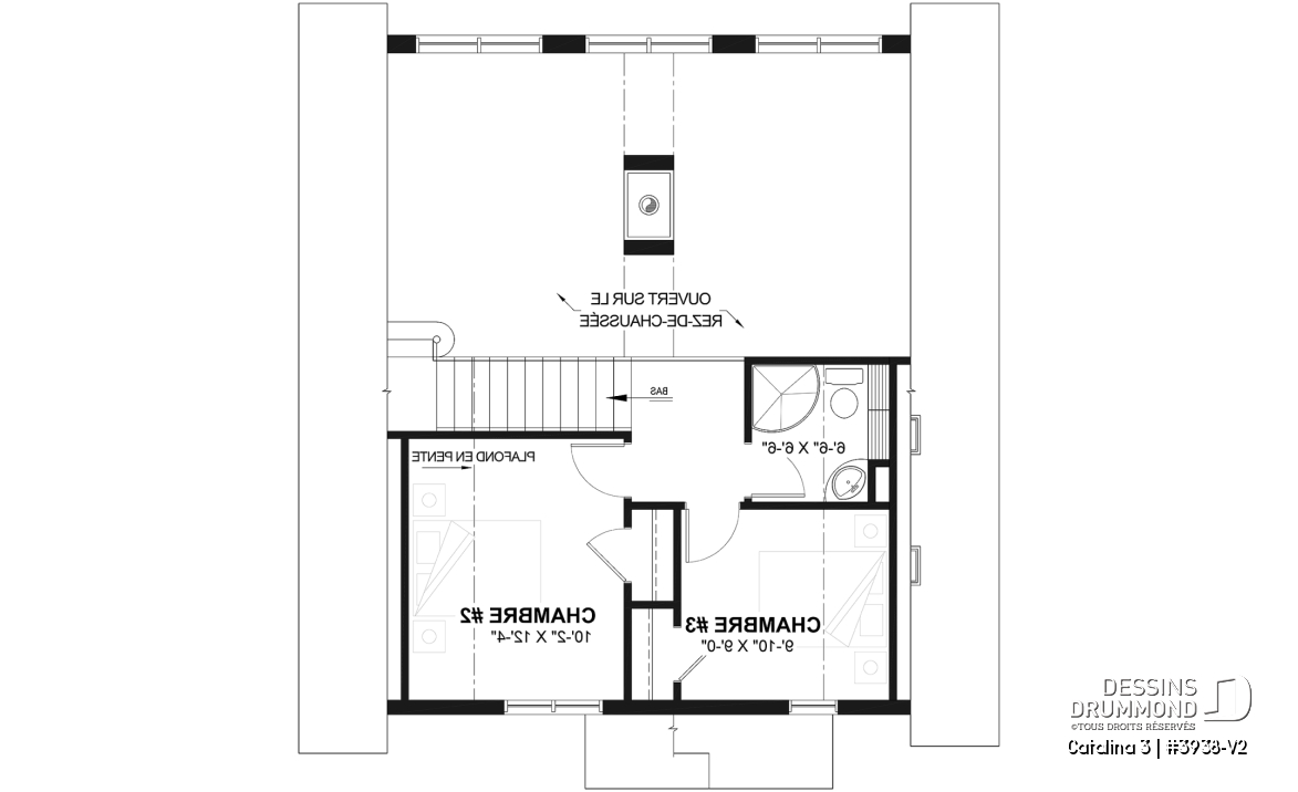 Étage - Plan de chalet rustique, vue panoramique, 3 chambres, 2 salles de bain, plafond cathédrale, foyer, mezzanine - Catalina 3