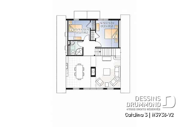 Étage - Plan de chalet rustique, vue panoramique, 3 chambres, 2 salles de bain, plafond cathédrale, foyer, mezzanine - Catalina 3