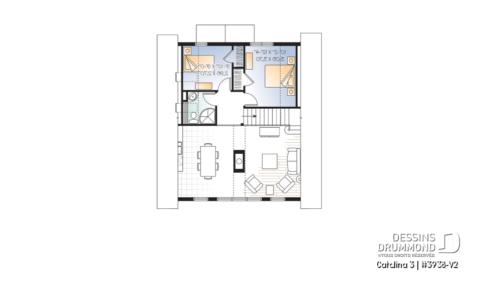 Étage - Plan de chalet rustique, vue panoramique, 3 chambres, 2 salles de bain, plafond cathédrale, foyer, mezzanine - Catalina 3