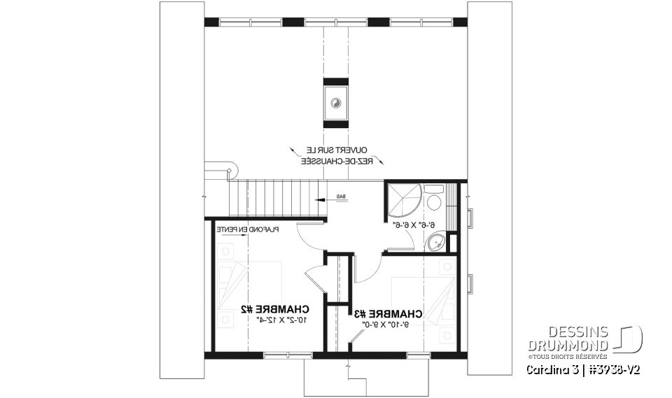Étage - Plan de chalet rustique, vue panoramique, 3 chambres, 2 salles de bain, plafond cathédrale, foyer, mezzanine - Catalina 3