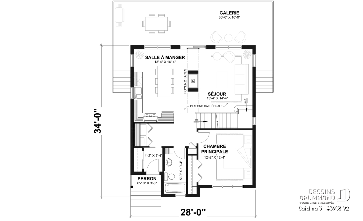 Rez-de-chaussée - Plan de chalet rustique, vue panoramique, 3 chambres, 2 salles de bain, plafond cathédrale, foyer, mezzanine - Catalina 3