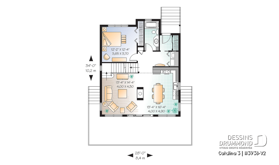 Rez-de-chaussée - Plan de chalet rustique, vue panoramique, 3 chambres, 2 salles de bain, plafond cathédrale, foyer, mezzanine - Catalina 3