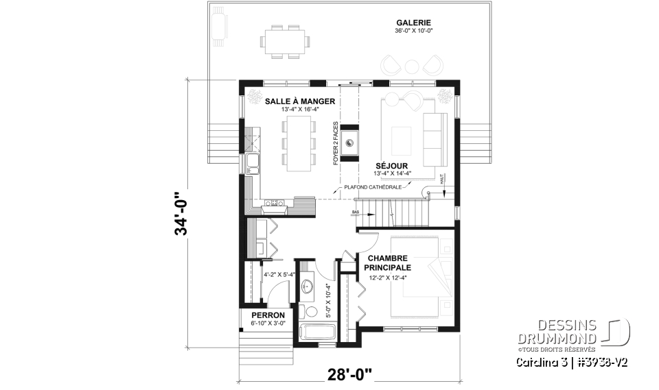 Rez-de-chaussée - Plan de chalet rustique, vue panoramique, 3 chambres, 2 salles de bain, plafond cathédrale, foyer, mezzanine - Catalina 3