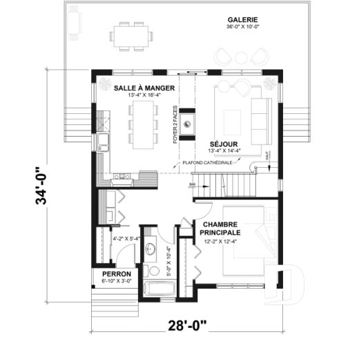 Rez-de-chaussée - Plan de chalet rustique, vue panoramique, 3 chambres, 2 salles de bain, plafond cathédrale, foyer, mezzanine - Catalina 3