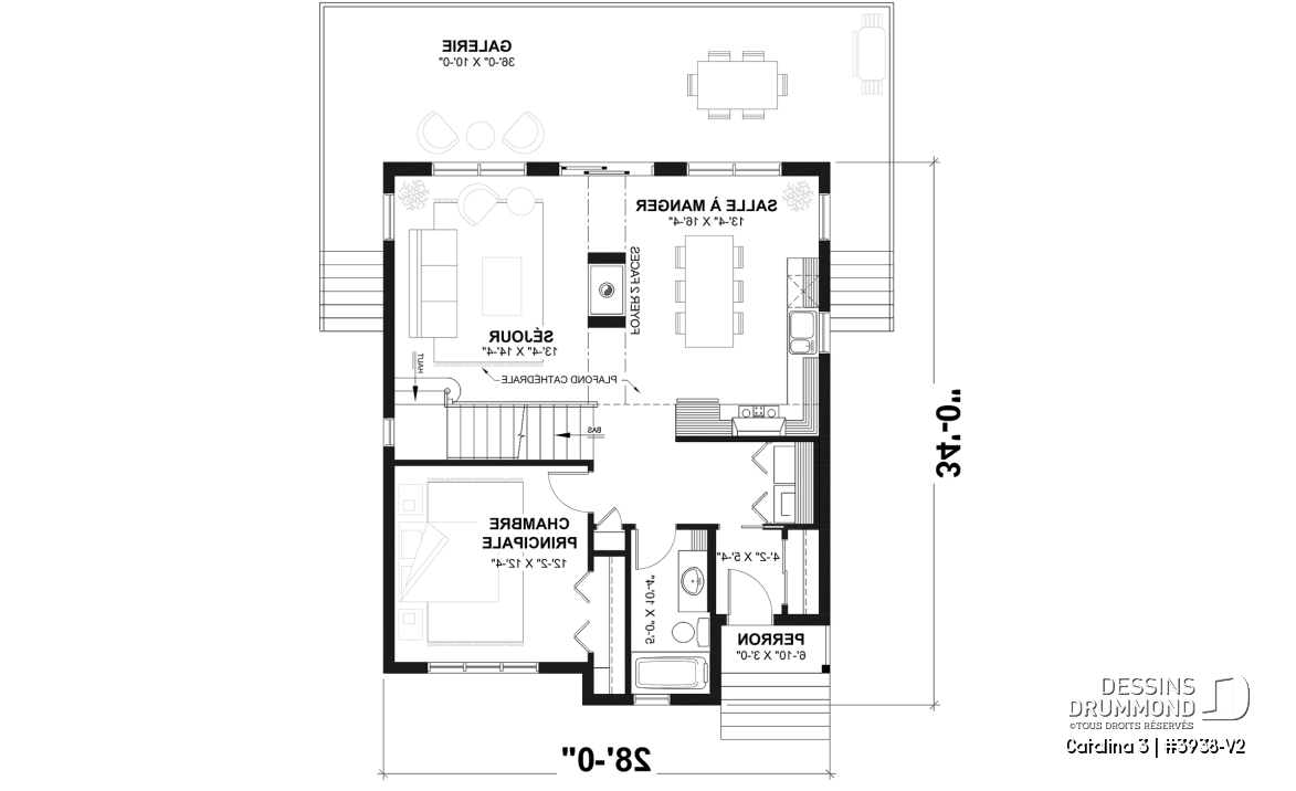 Rez-de-chaussée - Plan de chalet rustique, vue panoramique, 3 chambres, 2 salles de bain, plafond cathédrale, foyer, mezzanine - Catalina 3