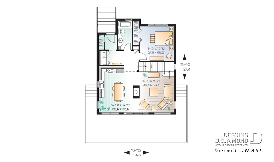 Rez-de-chaussée - Plan de chalet rustique, vue panoramique, 3 chambres, 2 salles de bain, plafond cathédrale, foyer, mezzanine - Catalina 3