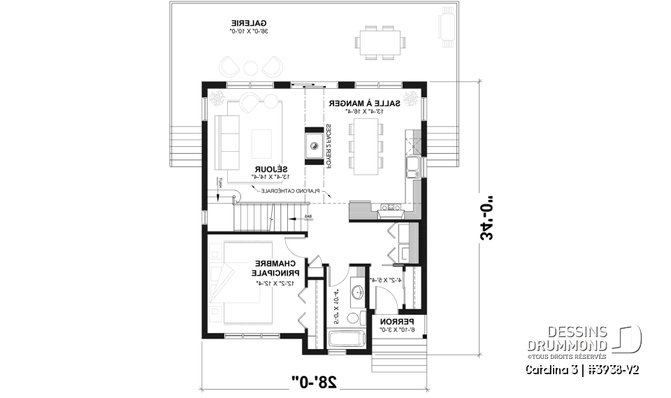 Rez-de-chaussée - Plan de chalet rustique, vue panoramique, 3 chambres, 2 salles de bain, plafond cathédrale, foyer, mezzanine - Catalina 3