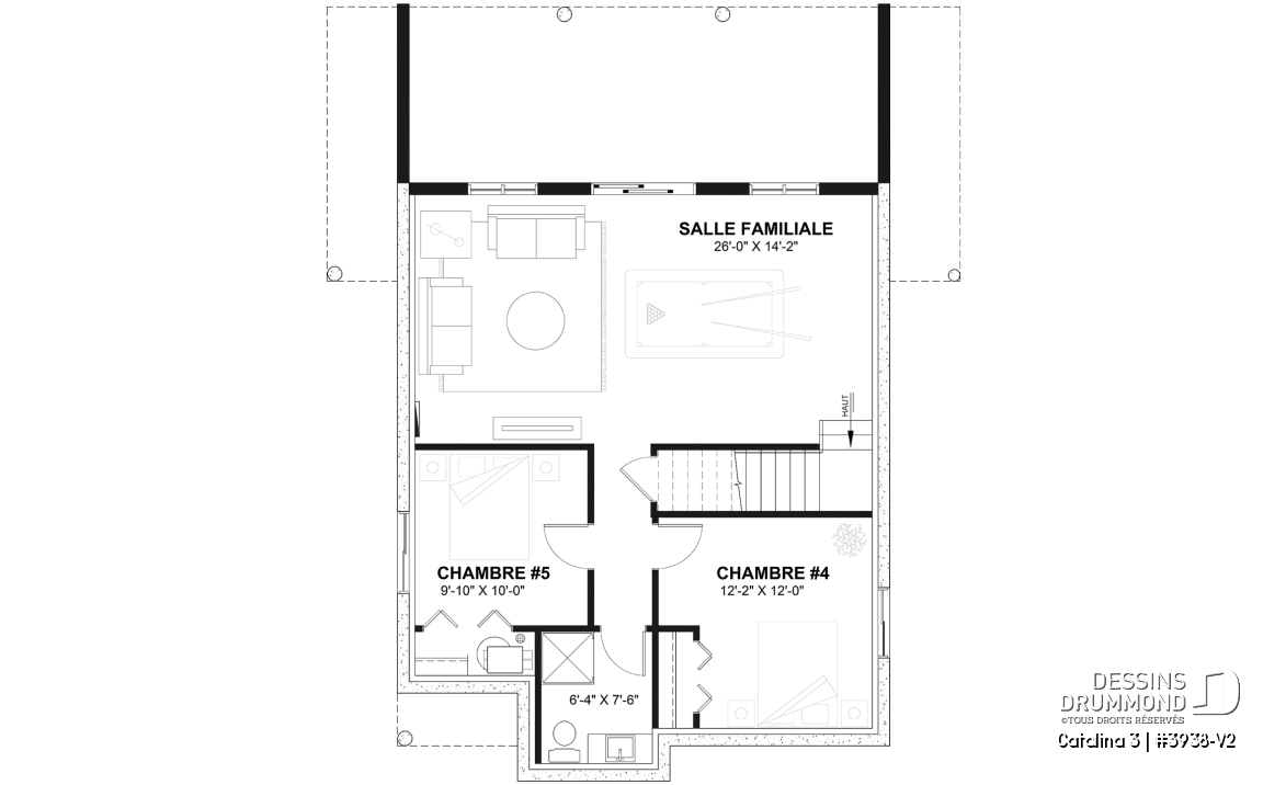 Sous-sol aménagé (Optionel $) - Plan de chalet rustique, vue panoramique, 3 chambres, 2 salles de bain, plafond cathédrale, foyer, mezzanine - Catalina 3