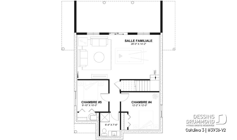 Sous-sol aménagé (Optionel $) - Plan de chalet rustique, vue panoramique, 3 chambres, 2 salles de bain, plafond cathédrale, foyer, mezzanine - Catalina 3