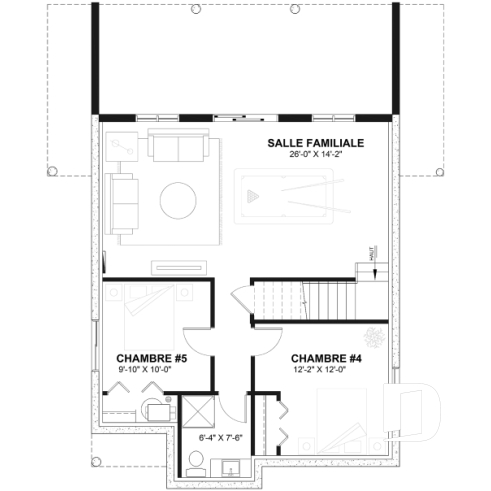Sous-sol aménagé (Optionel $) - Plan de chalet rustique, vue panoramique, 3 chambres, 2 salles de bain, plafond cathédrale, foyer, mezzanine - Catalina 3