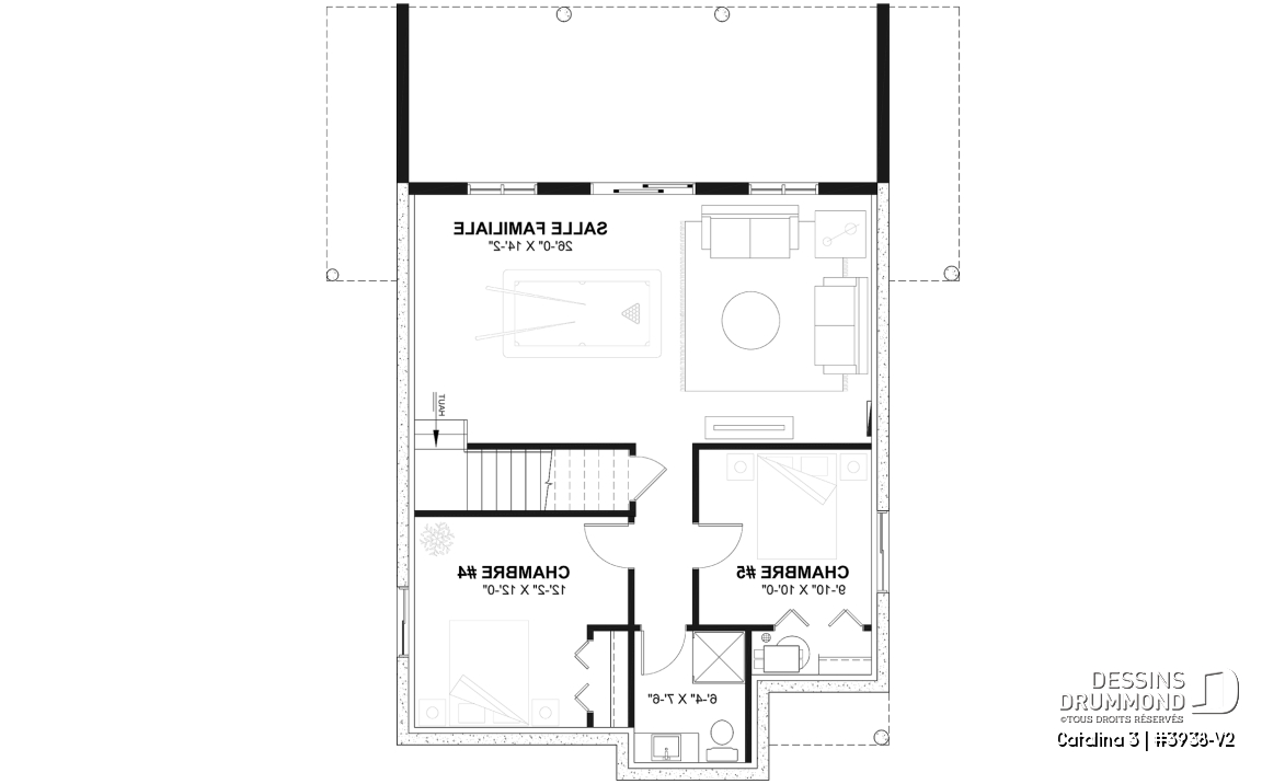 Sous-sol aménagé (Optionel $) - Plan de chalet rustique, vue panoramique, 3 chambres, 2 salles de bain, plafond cathédrale, foyer, mezzanine - Catalina 3