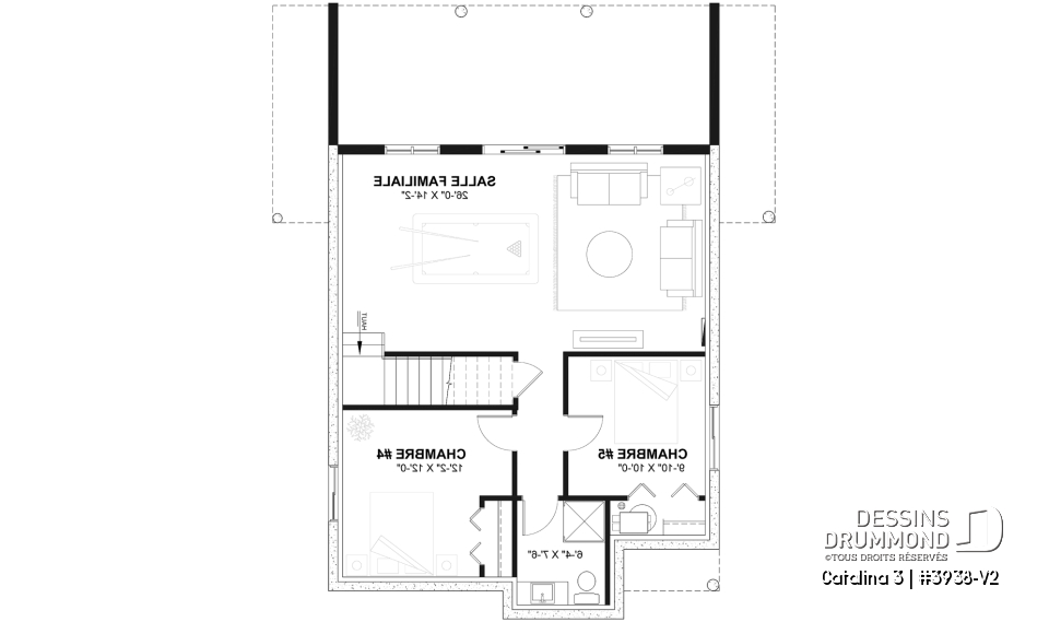 Sous-sol aménagé (Optionel $) - Plan de chalet rustique, vue panoramique, 3 chambres, 2 salles de bain, plafond cathédrale, foyer, mezzanine - Catalina 3