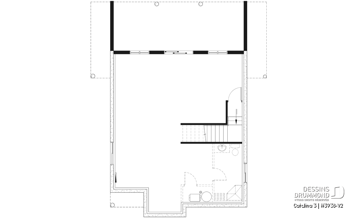 Sous-sol aménageable - Plan de chalet rustique, vue panoramique, 3 chambres, 2 salles de bain, plafond cathédrale, foyer, mezzanine - Catalina 3
