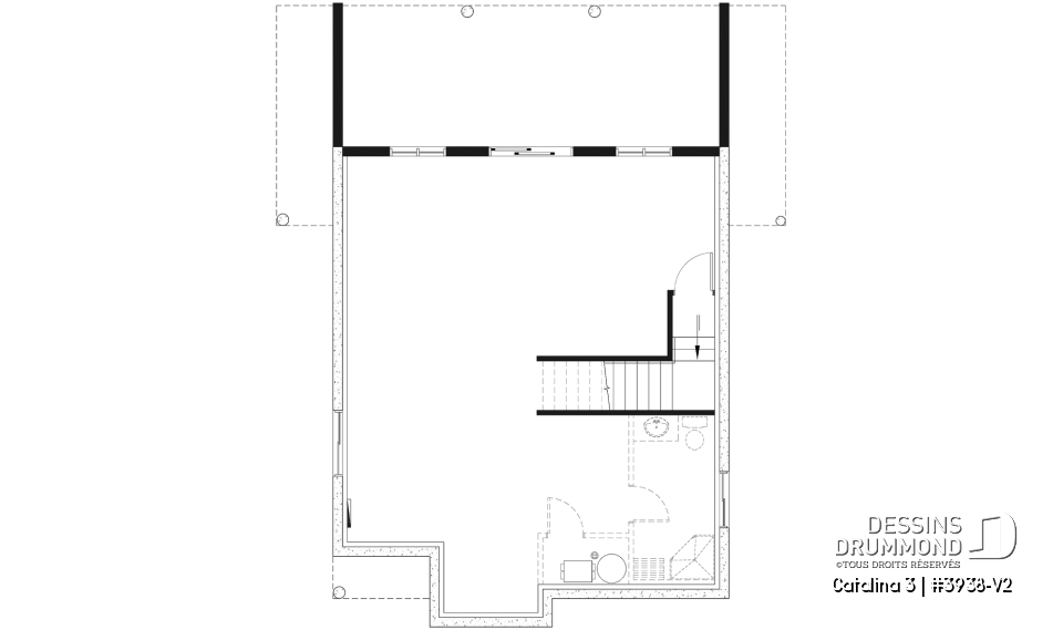 Sous-sol aménageable - Plan de chalet rustique, vue panoramique, 3 chambres, 2 salles de bain, plafond cathédrale, foyer, mezzanine - Catalina 3