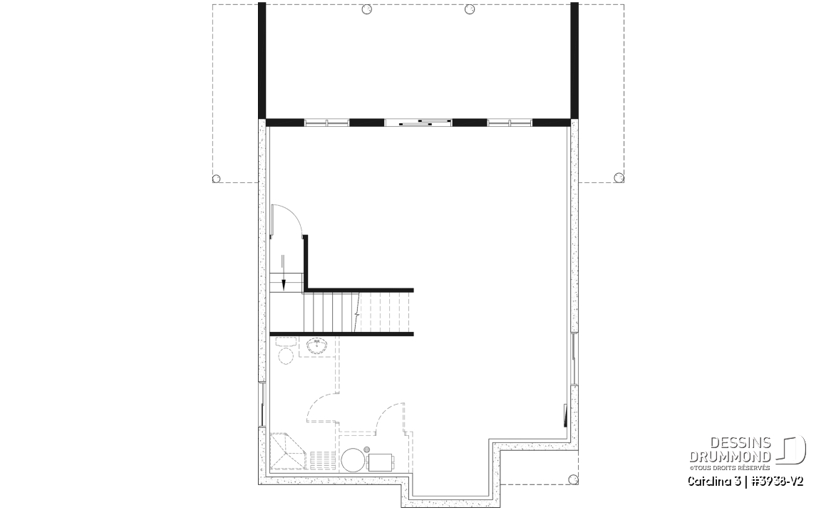 Sous-sol aménageable - Plan de chalet rustique, vue panoramique, 3 chambres, 2 salles de bain, plafond cathédrale, foyer, mezzanine - Catalina 3