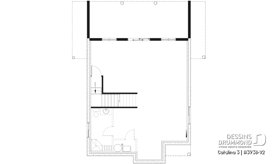 Sous-sol aménageable - Plan de chalet rustique, vue panoramique, 3 chambres, 2 salles de bain, plafond cathédrale, foyer, mezzanine - Catalina 3