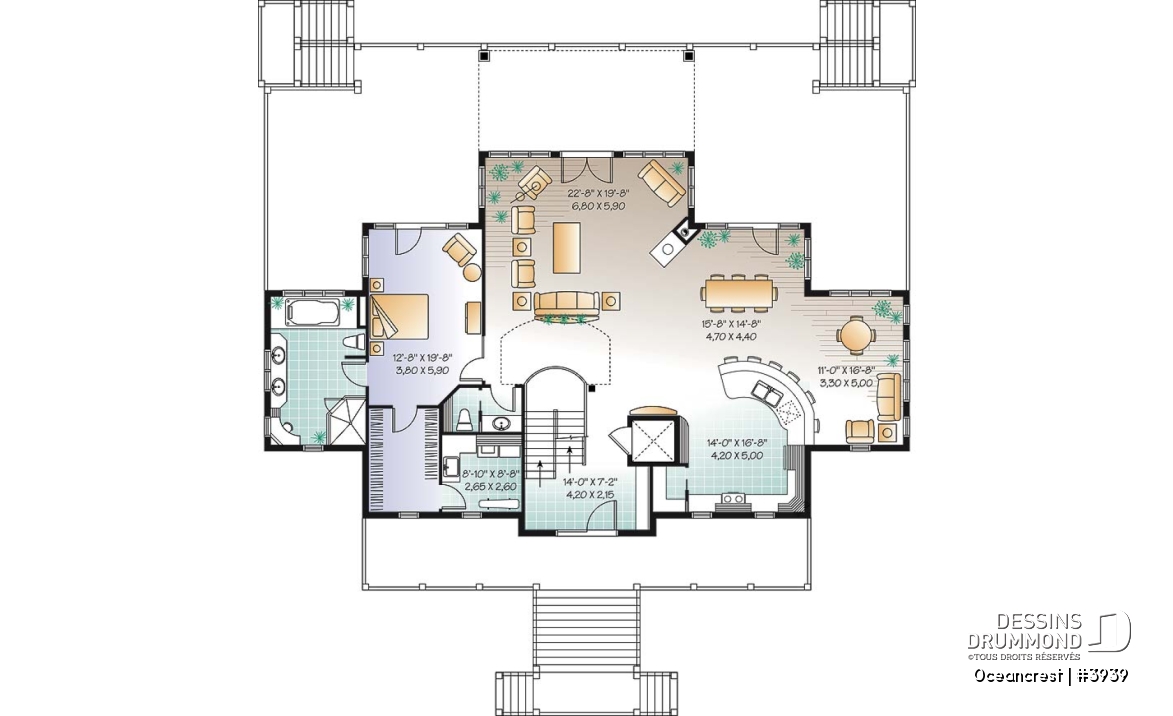 Étage 1 - Plan de maison 4 à 5+ chambres, style Méditéranéen, 2 suites, ascenseur, grande terrasse - Oceancrest