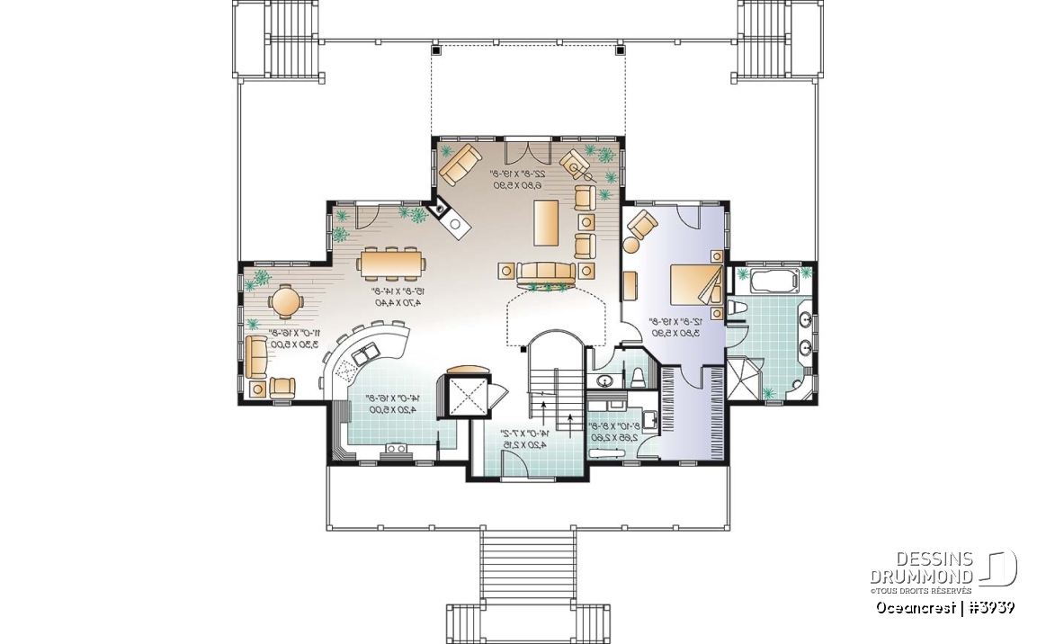 Étage 1 - Plan de maison 4 à 5+ chambres, style Méditéranéen, 2 suites, ascenseur, grande terrasse - Oceancrest