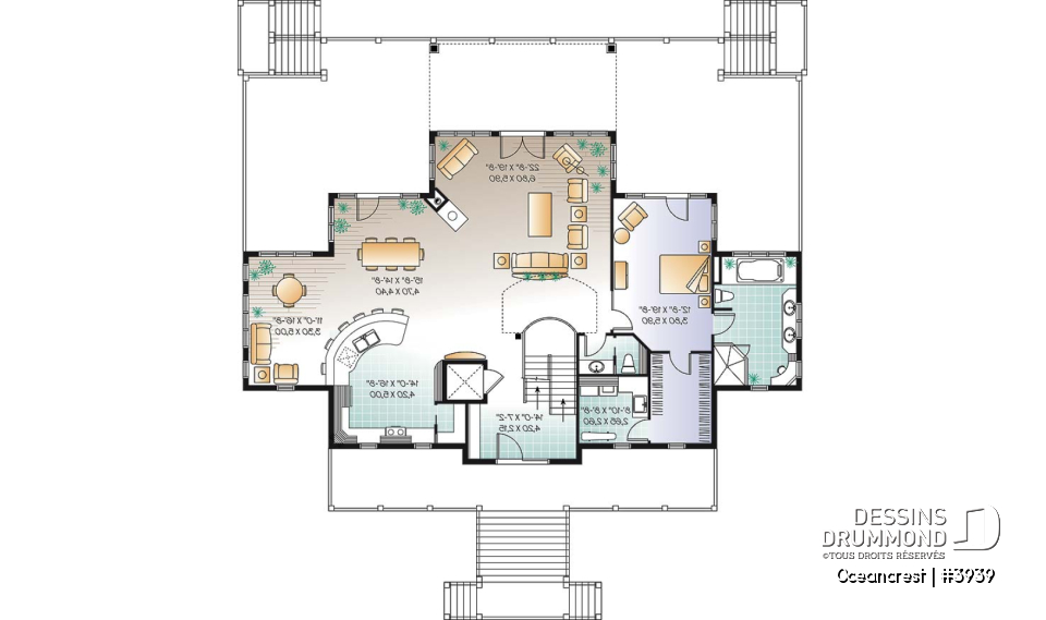 Étage 1 - Plan de maison 4 à 5+ chambres, style Méditéranéen, 2 suites, ascenseur, grande terrasse - Oceancrest