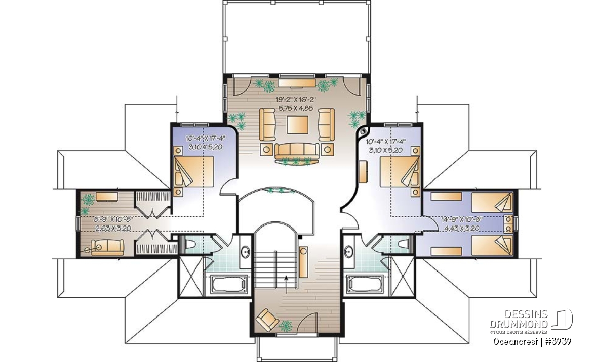 Étage 2 - Plan de maison 4 à 5+ chambres, style Méditéranéen, 2 suites, ascenseur, grande terrasse - Oceancrest