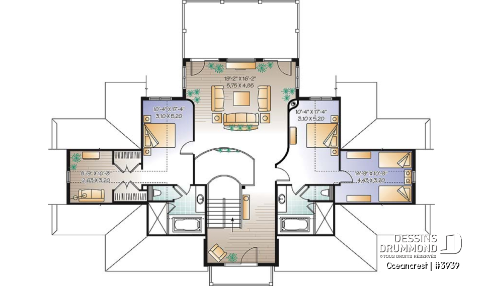 Étage 2 - Plan de maison 4 à 5+ chambres, style Méditéranéen, 2 suites, ascenseur, grande terrasse - Oceancrest