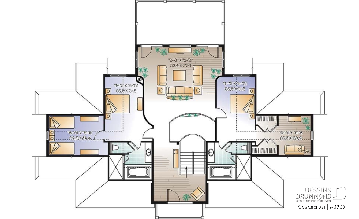 Étage 2 - Plan de maison 4 à 5+ chambres, style Méditéranéen, 2 suites, ascenseur, grande terrasse - Oceancrest