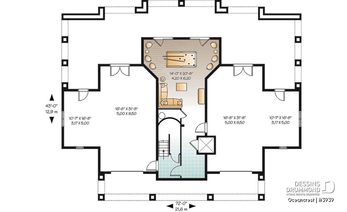 Rez-de-chaussée - Plan de maison 4 à 5+ chambres, style Méditéranéen, 2 suites, ascenseur, grande terrasse - Oceancrest