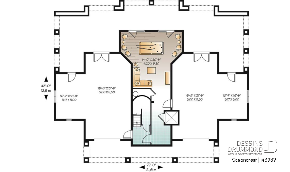 Rez-de-chaussée - Plan de maison 4 à 5+ chambres, style Méditéranéen, 2 suites, ascenseur, grande terrasse - Oceancrest