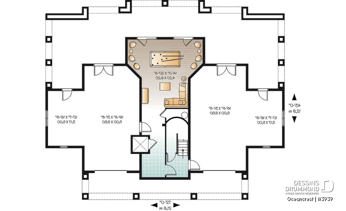 Rez-de-chaussée - Plan de maison 4 à 5+ chambres, style Méditéranéen, 2 suites, ascenseur, grande terrasse - Oceancrest