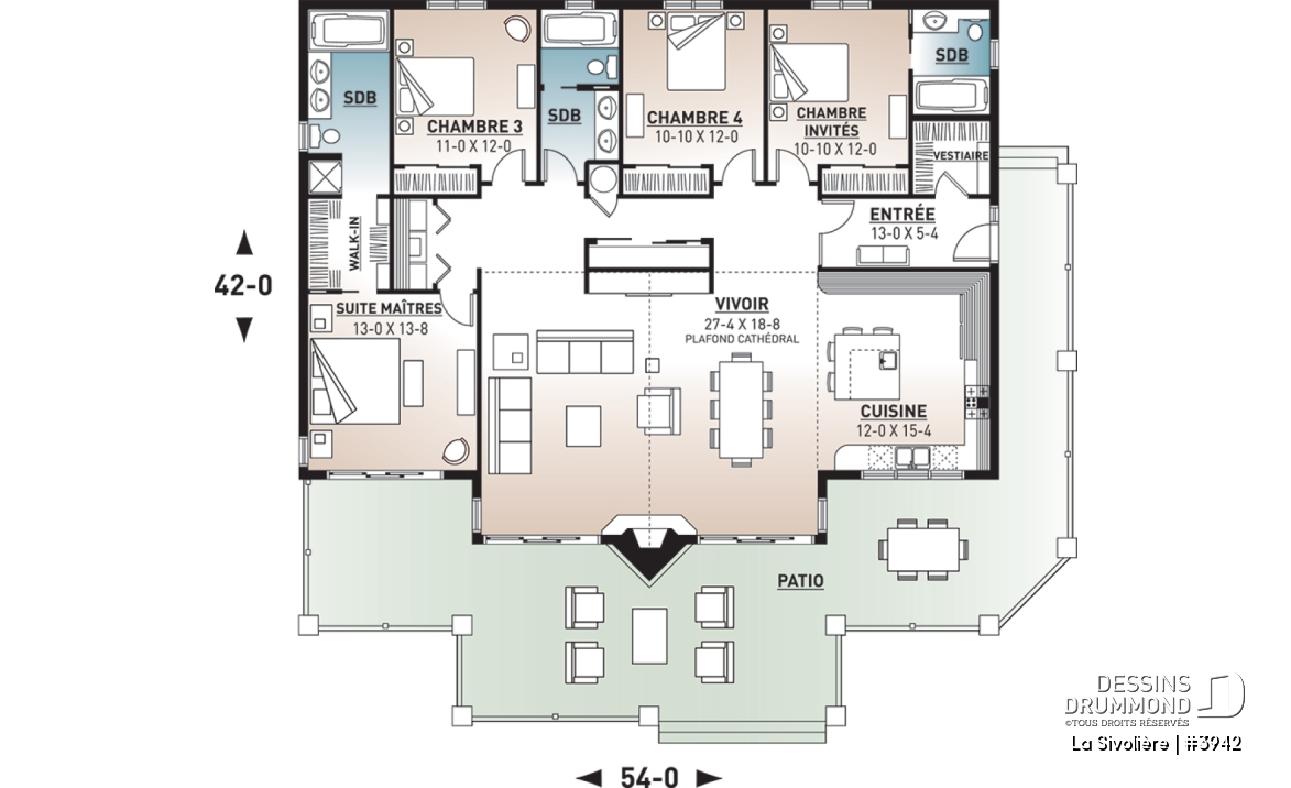 Rez-de-chaussée - Plan de maison ou chalet 4 chambres, 3 s.d.b., belle fenestration, foyer central, grande cuisine, vestiaire - La Sivolière