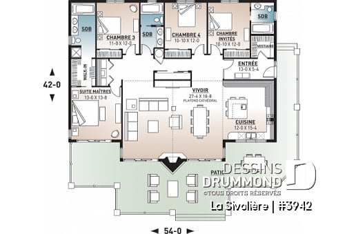 Rez-de-chaussée - Plan de maison ou chalet 4 chambres, 3 s.d.b., belle fenestration, foyer central, grande cuisine, vestiaire - La Sivolière