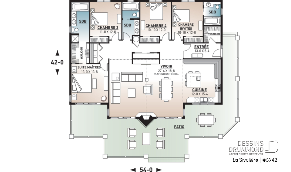Rez-de-chaussée - Plan de maison ou chalet 4 chambres, 3 s.d.b., belle fenestration, foyer central, grande cuisine, vestiaire - La Sivolière