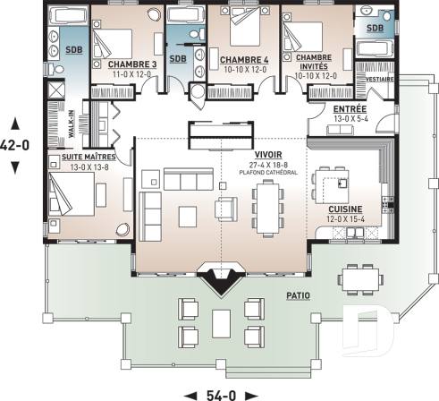 Rez-de-chaussée - Plan de maison ou chalet 4 chambres, 3 s.d.b., belle fenestration, foyer central, grande cuisine, vestiaire - La Sivolière