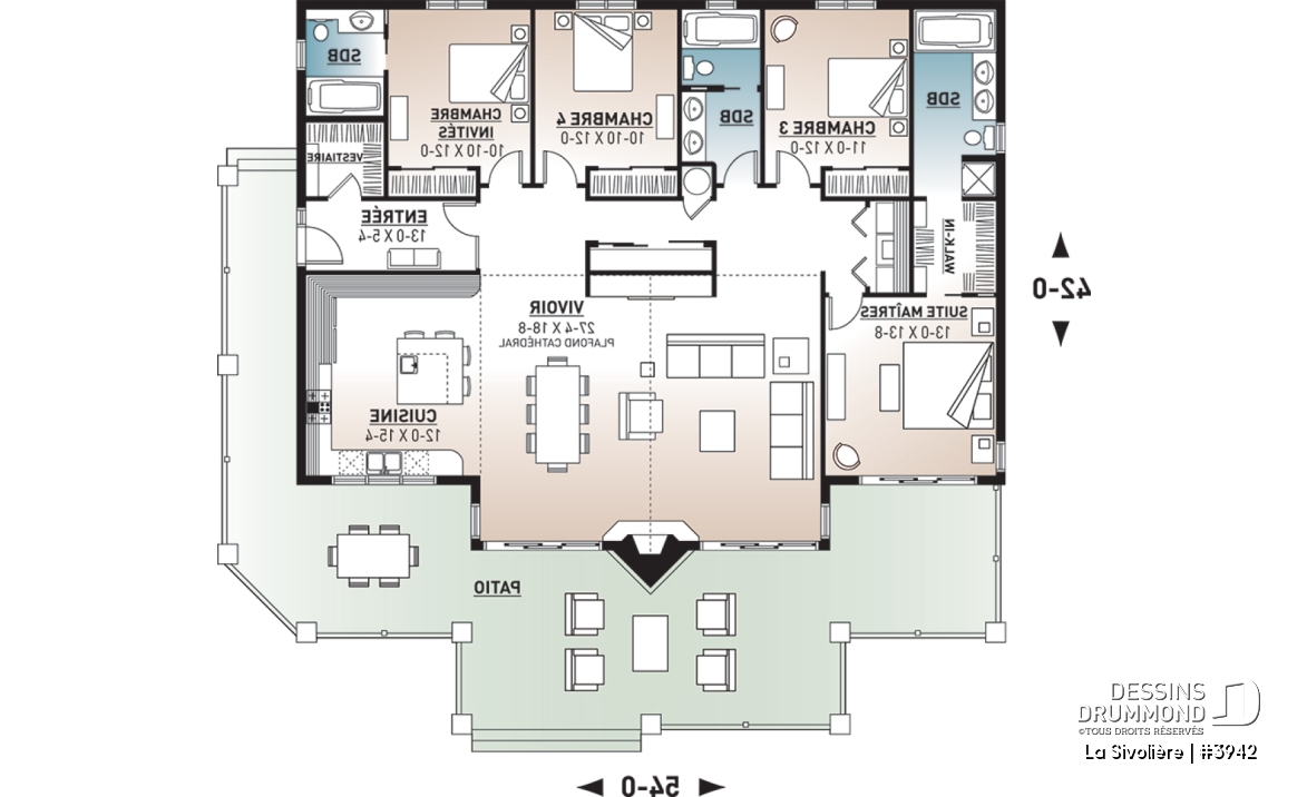 Rez-de-chaussée - Plan de maison ou chalet 4 chambres, 3 s.d.b., belle fenestration, foyer central, grande cuisine, vestiaire - La Sivolière