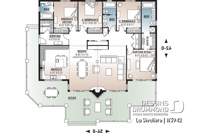 Rez-de-chaussée - Plan de maison ou chalet 4 chambres, 3 s.d.b., belle fenestration, foyer central, grande cuisine, vestiaire - La Sivolière