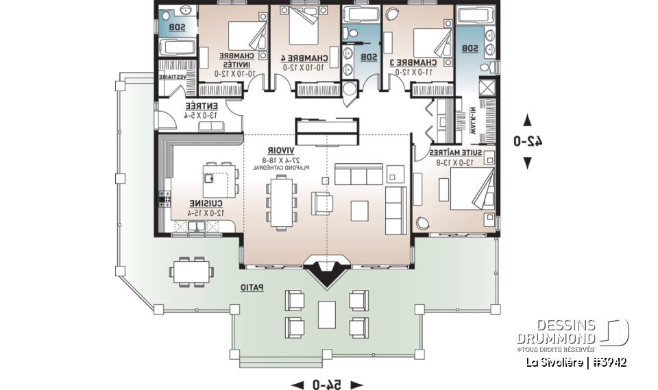 Rez-de-chaussée - Plan de maison ou chalet 4 chambres, 3 s.d.b., belle fenestration, foyer central, grande cuisine, vestiaire - La Sivolière
