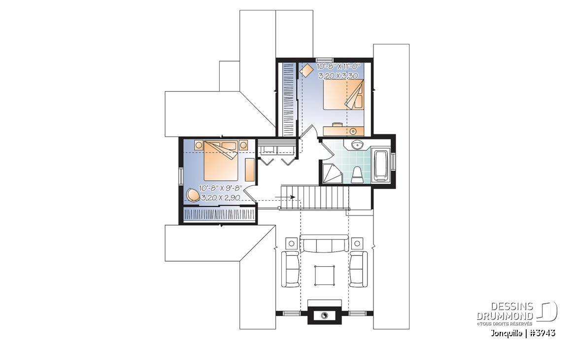 Étage - Plan de chalet, 3 chambres, mezzanine, grand salon avec foyer, grande terrasse - Jonquille