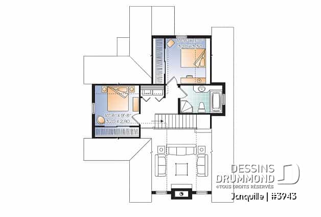 Étage - Plan de chalet, 3 chambres, mezzanine, grand salon avec foyer, grande terrasse - Jonquille