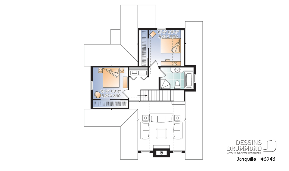 Étage - Plan de chalet, 3 chambres, mezzanine, grand salon avec foyer, grande terrasse - Jonquille