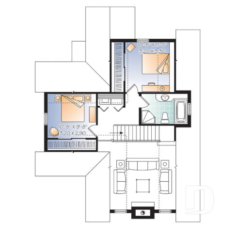 Étage - Plan de chalet, 3 chambres, mezzanine, grand salon avec foyer, grande terrasse - Jonquille